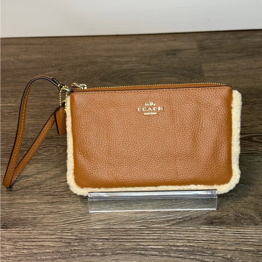 Coach Pebbled Leather Wristlet with Shearling Trim
